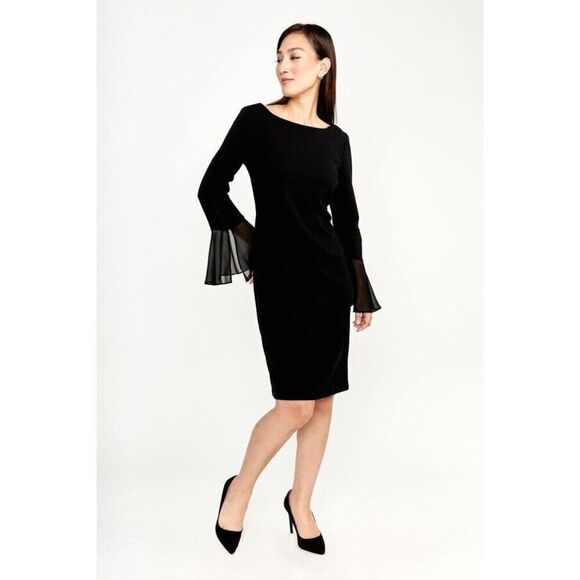 Frank Lyman Flared Sheer Button Sleeves Sheath Dress in Black - Women's Size 6 - Picture 1 of 8